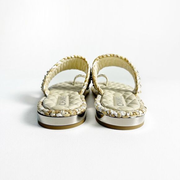 CHANEL Raffia Beige Leather Chain CC Logo Sandals Size 40 Open Toe Ring Slide - Picture 6 of 12